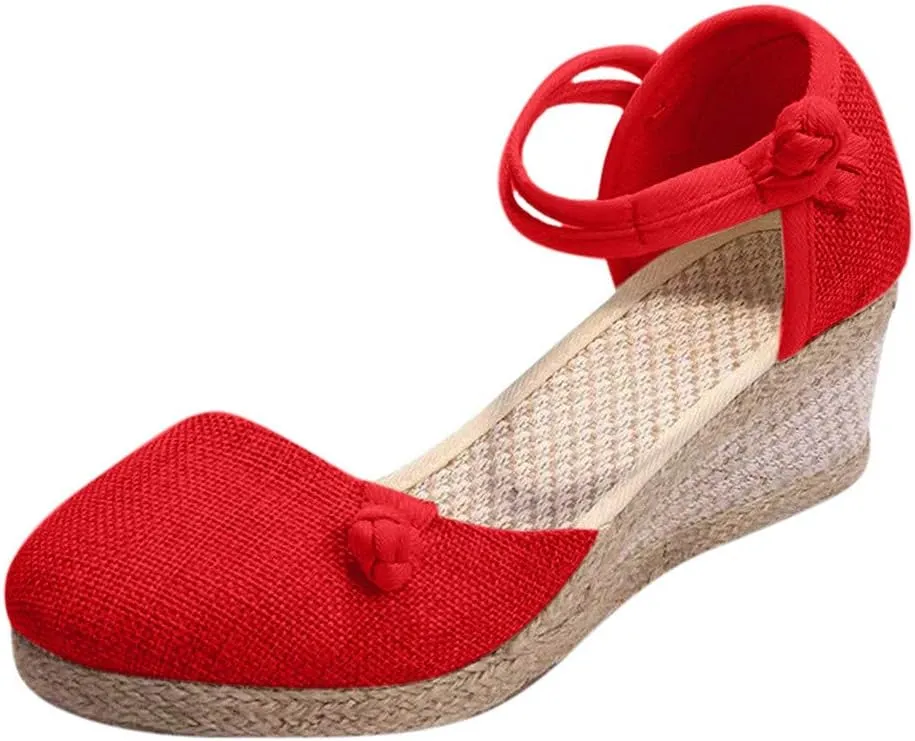 Wedge Sandals for Women 2024 Women Ladies Retro Canvas Wedge Round Toe Casual Sandals Singles Shoes