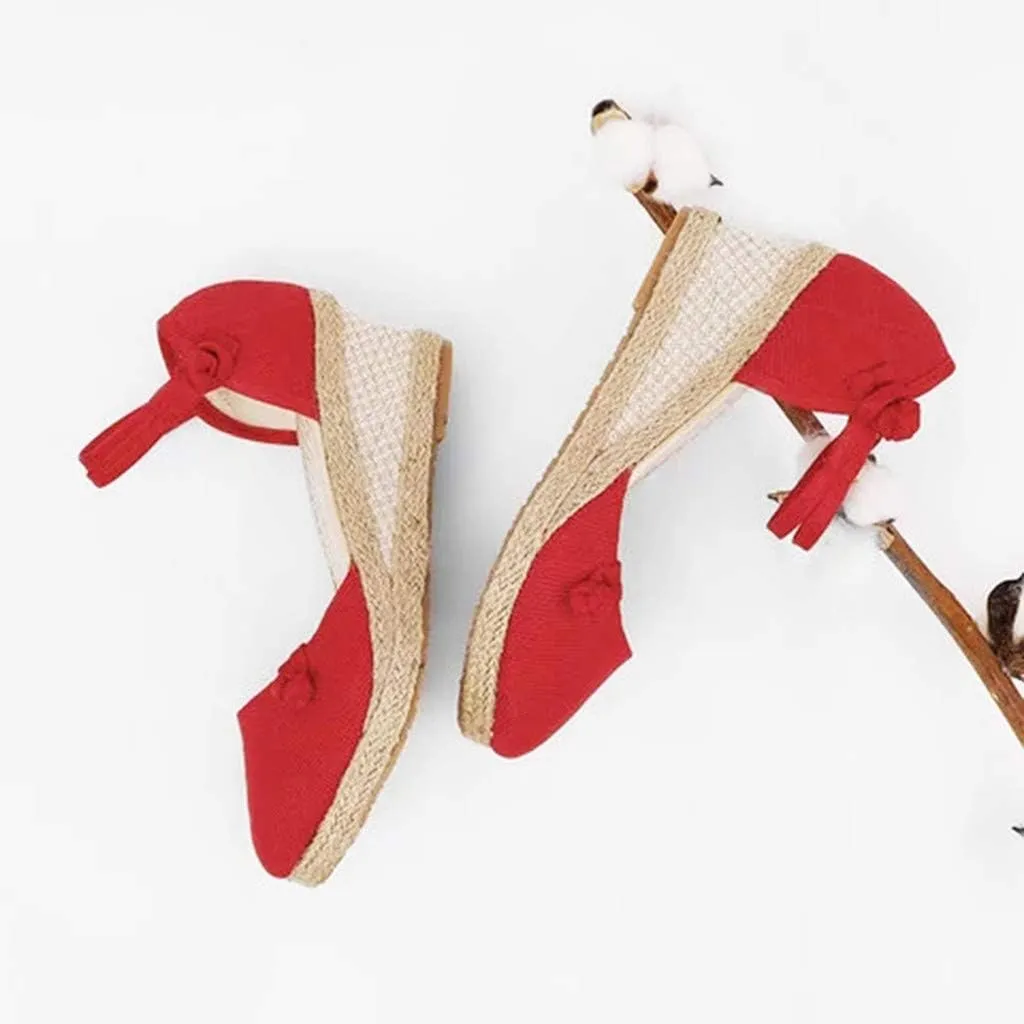 Wedge Sandals for Women 2024 Women Ladies Retro Canvas Wedge Round Toe Casual Sandals Singles Shoes
