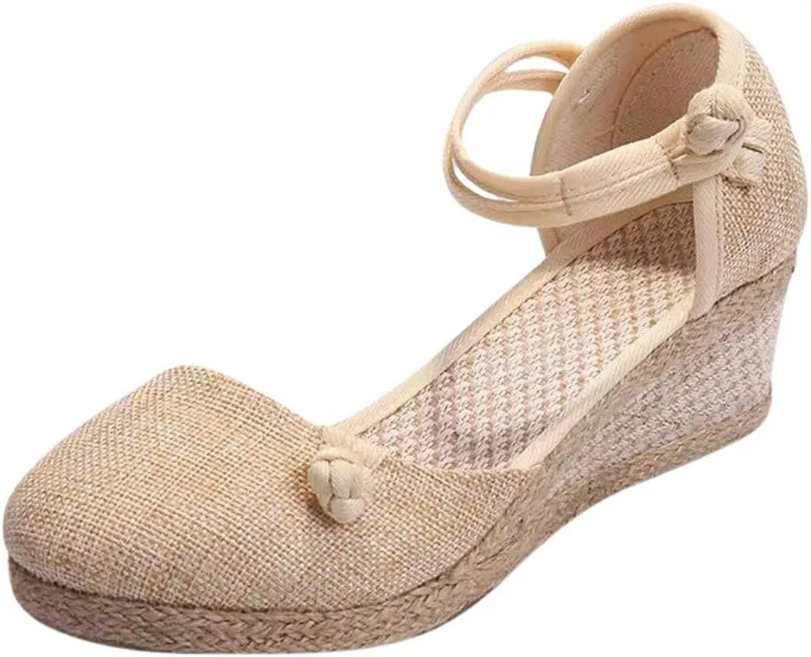Wedge Sandals for Women 2024 Women Ladies Retro Canvas Wedge Round Toe Casual Sandals Singles Shoes