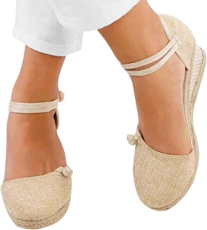 Wedge Sandals for Women 2024 Women Ladies Retro Canvas Wedge Round Toe Casual Sandals Singles Shoes