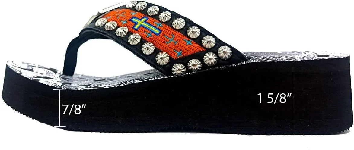Western Peak Women's Concho Rhinestones and Stud with Embroidery Orange PU Sandal Flip Flop