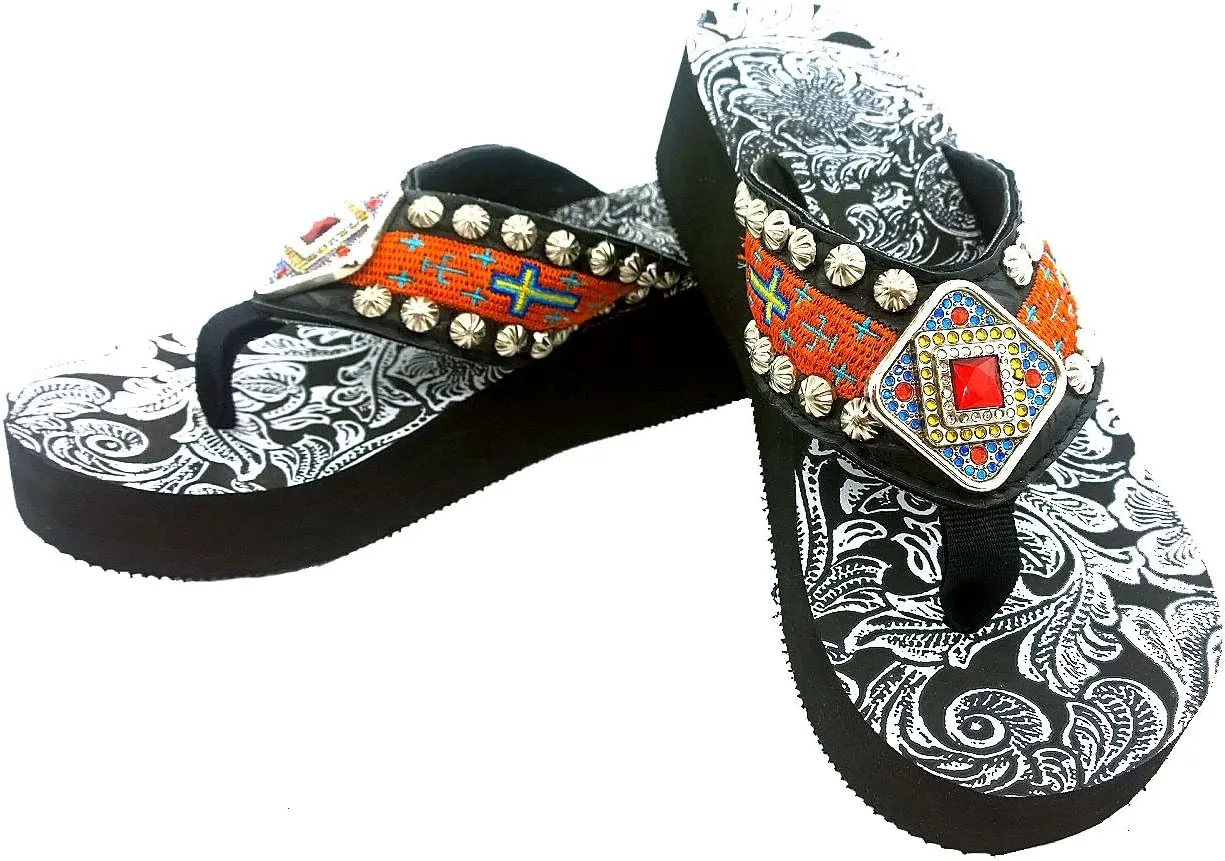 Western Peak Women's Concho Rhinestones and Stud with Embroidery Orange PU Sandal Flip Flop