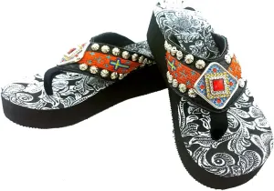Western Peak Women's Concho Rhinestones and Stud with Embroidery Orange PU Sandal Flip Flop