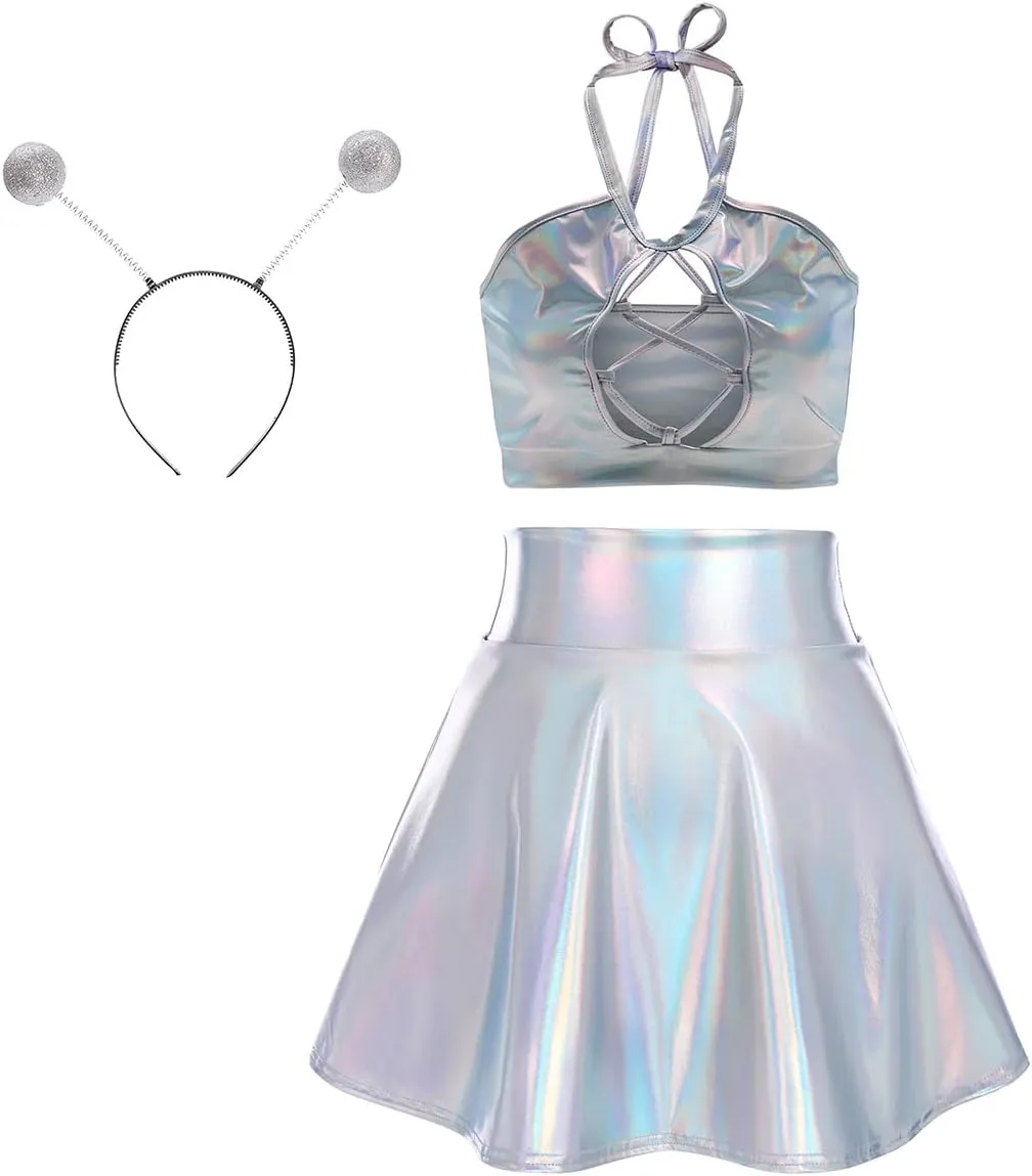 Women Alien Costume Metallic Crop Top Shirt   Holographic Mini Skirt   Martian Headband Rave Outfits Halloween Cosplay