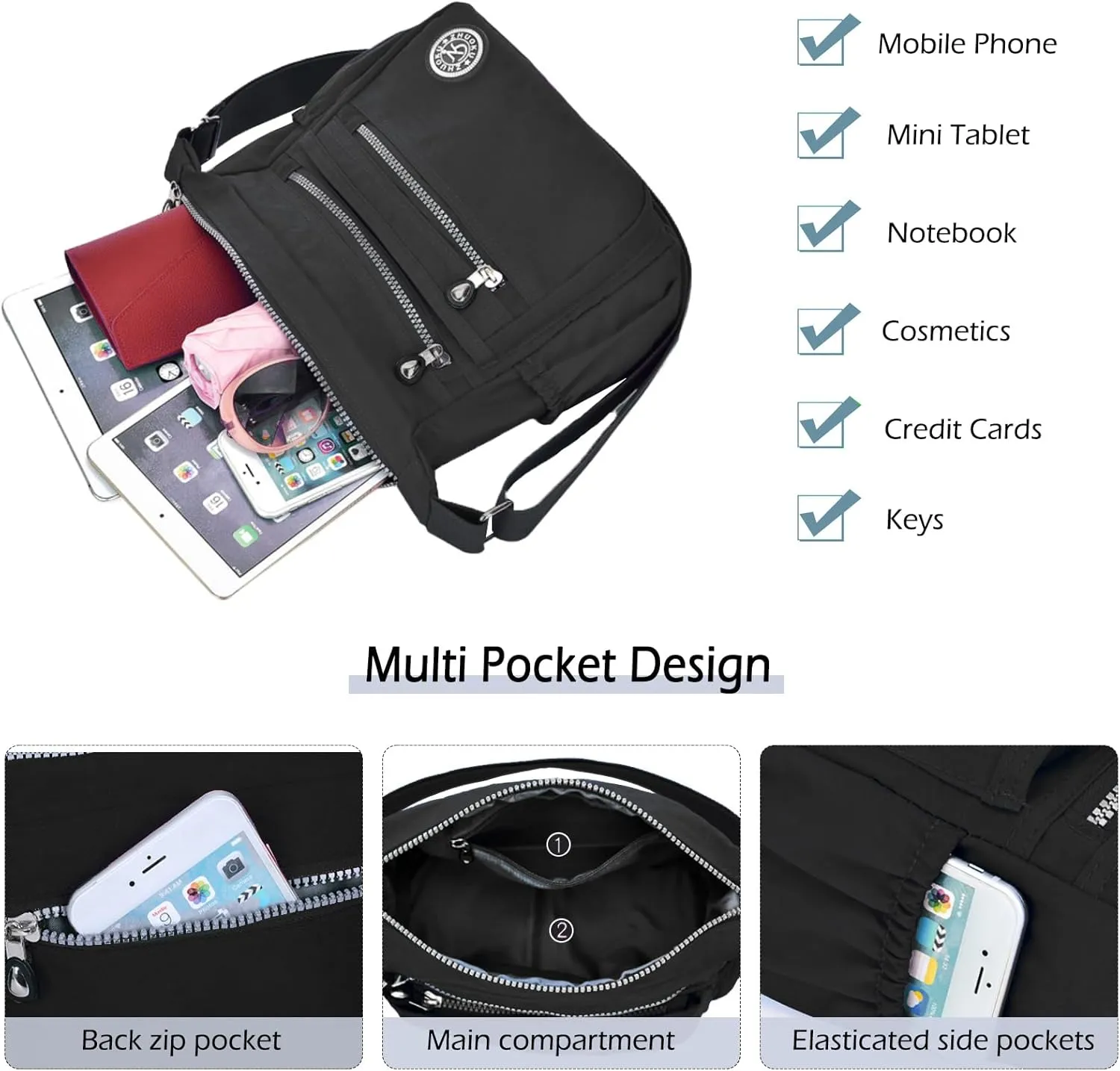 Women Crossbody Bag Multi Pocket Casual Messenger Bag Nylon Shoulder Handbag Waterproof Ladies Travel Purse