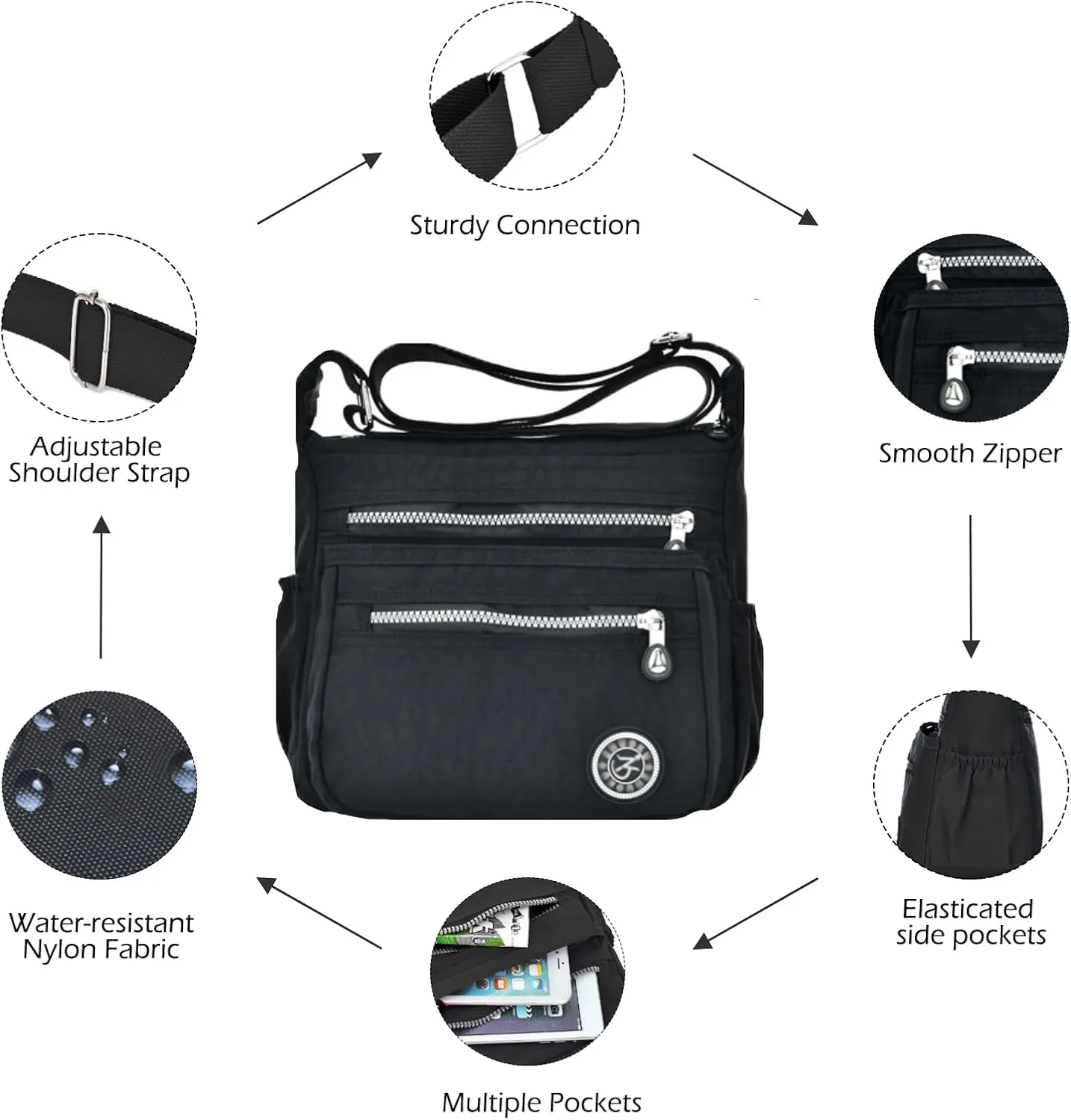 Women Crossbody Bag Multi Pocket Casual Messenger Bag Nylon Shoulder Handbag Waterproof Ladies Travel Purse