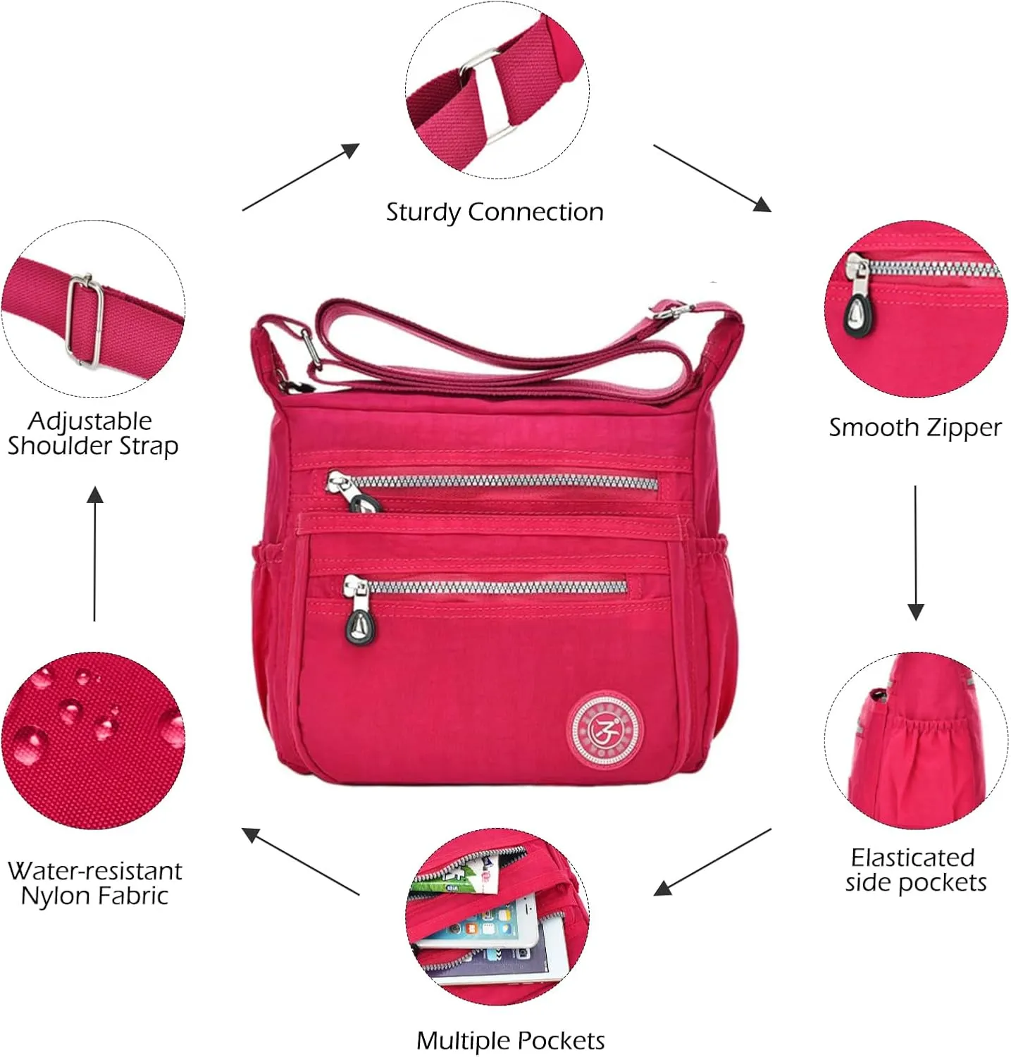 Women Crossbody Bag Multi Pocket Casual Messenger Bag Nylon Shoulder Handbag Waterproof Ladies Travel Purse