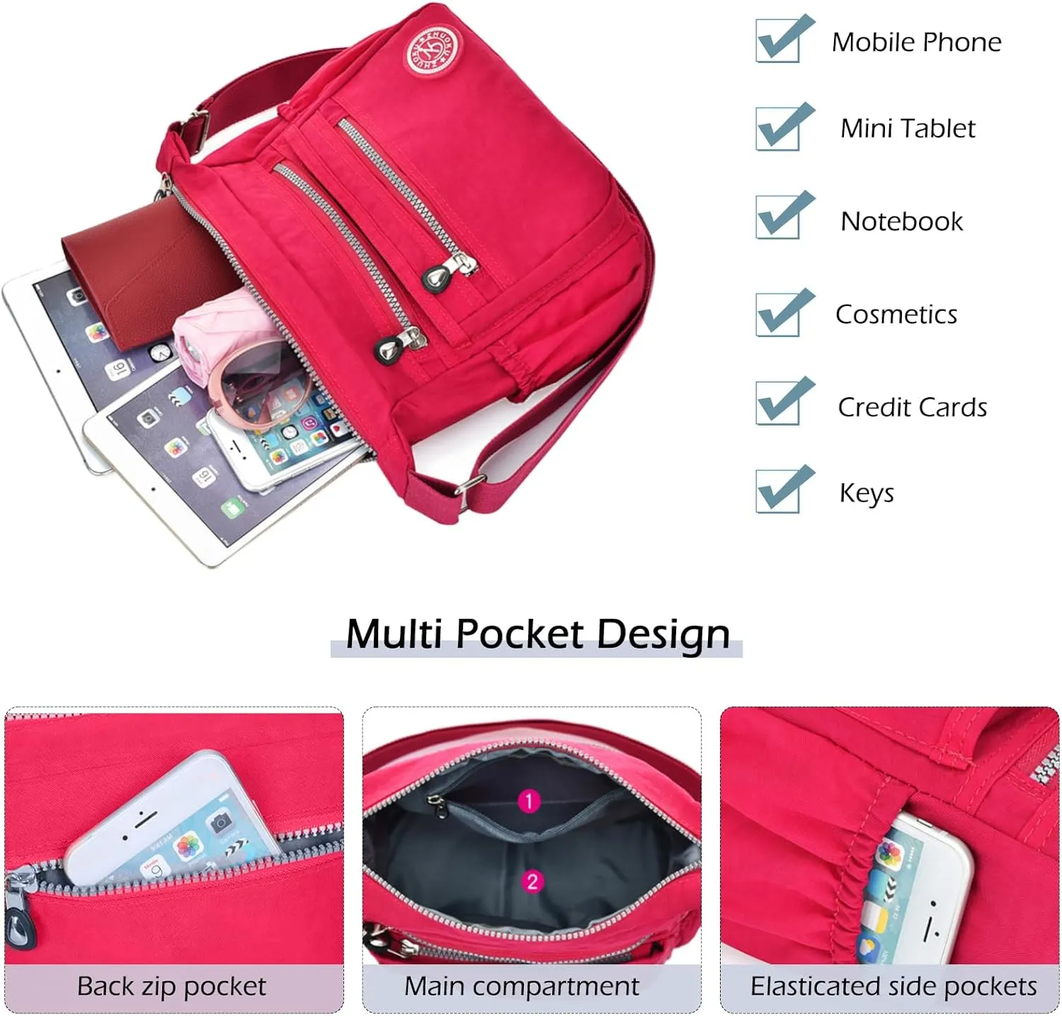 Women Crossbody Bag Multi Pocket Casual Messenger Bag Nylon Shoulder Handbag Waterproof Ladies Travel Purse