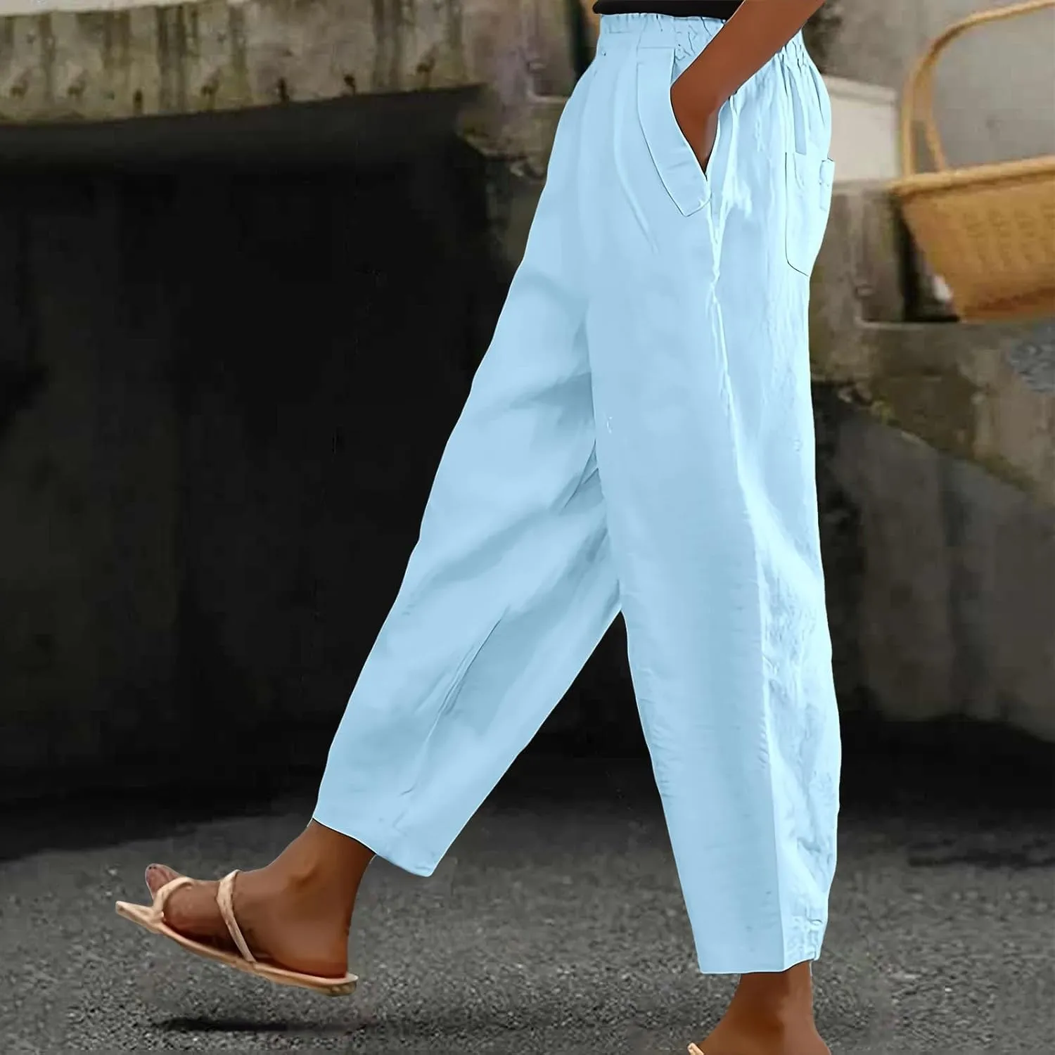 Women Linen Pants Wide Leg Casual Palazzo Pants Pa Straight Dress Cotton Linen Pants Button Trousers Womens Linen