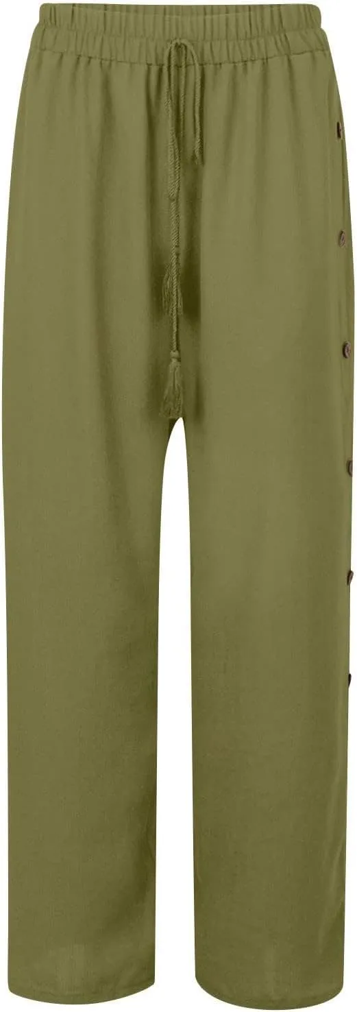 Women Pants Casual Drawstring Elastic Waist Pants High Split Snap Button Post-Surgery Sweatpants Wide Leg Beach Trousers