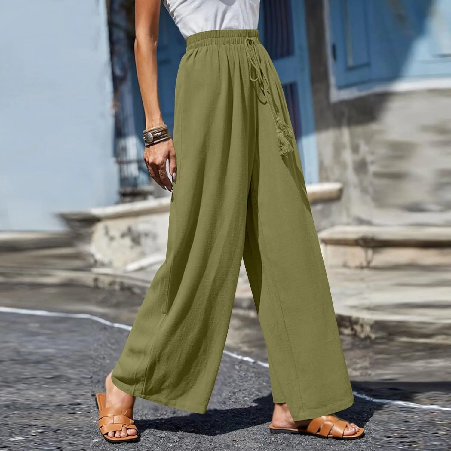 Women Pants Casual Drawstring Elastic Waist Pants High Split Snap Button Post-Surgery Sweatpants Wide Leg Beach Trousers