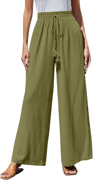 Women Pants Casual Drawstring Elastic Waist Pants High Split Snap Button Post-Surgery Sweatpants Wide Leg Beach Trousers
