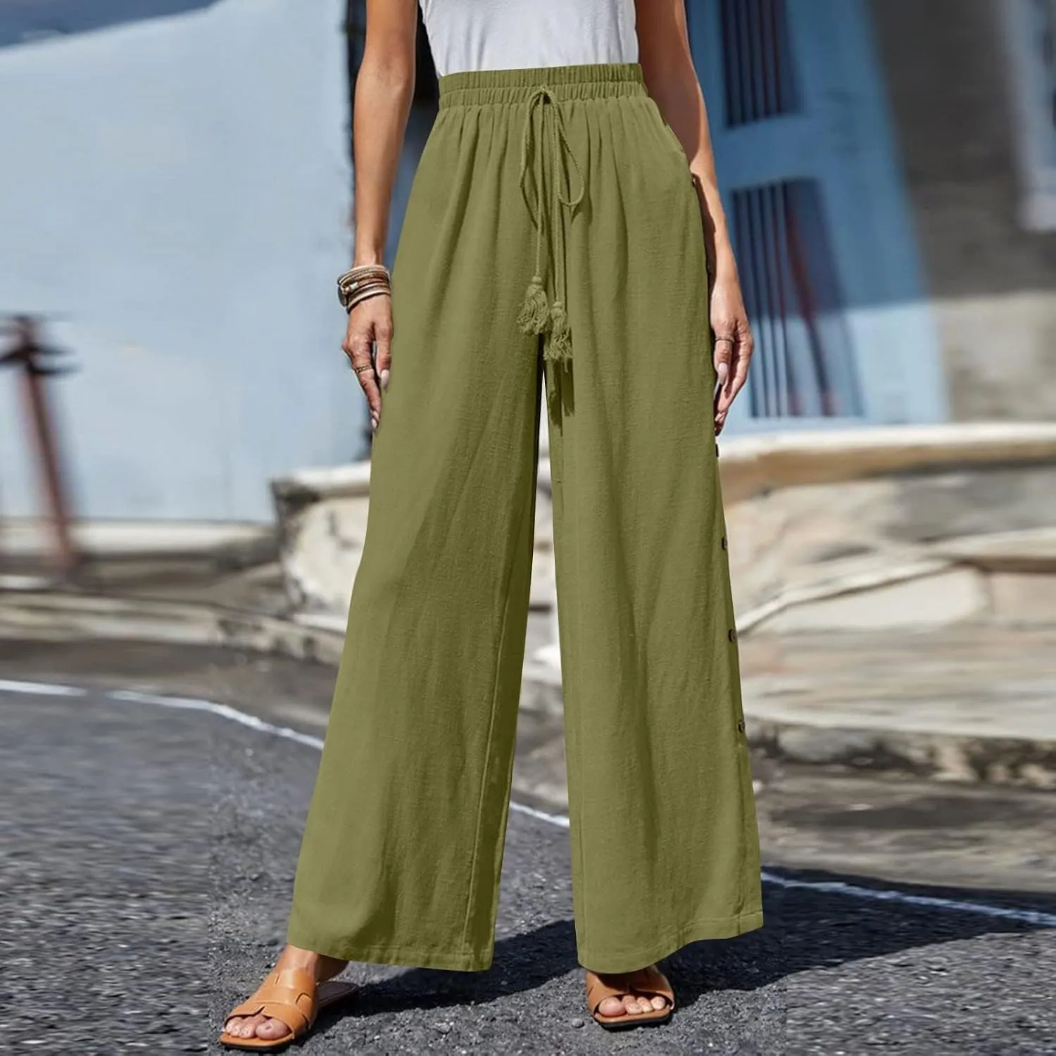 Women Pants Casual Drawstring Elastic Waist Pants High Split Snap Button Post-Surgery Sweatpants Wide Leg Beach Trousers