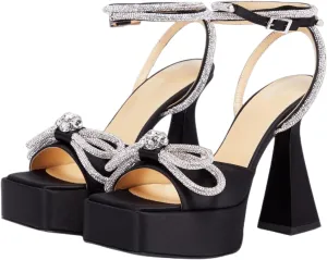 Women Platform Pumps Rhinestone Double Bow Chunky Heeled Sandals Crystal Embellished Ankle Strap Buckle Shoes Satin Pointed Toe Pumps Tapered Block Heel Dress Shoes for Women