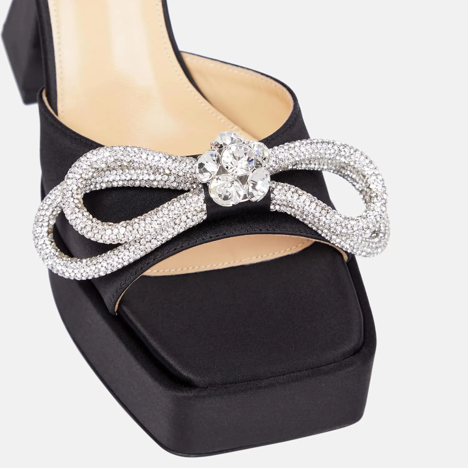 Women Platform Pumps Rhinestone Double Bow Chunky Heeled Sandals Crystal Embellished Ankle Strap Buckle Shoes Satin Pointed Toe Pumps Tapered Block Heel Dress Shoes for Women