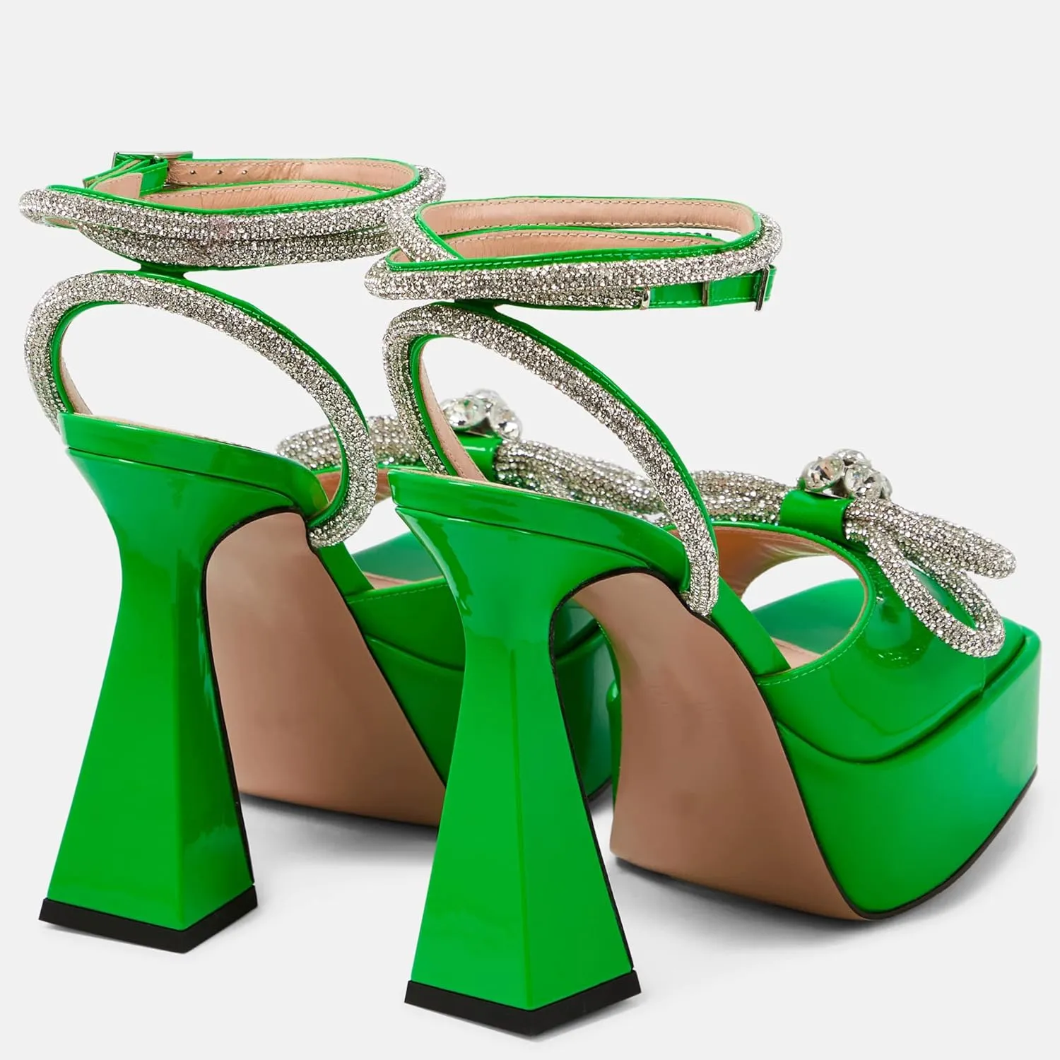 Women Platform Pumps Rhinestone Double Bow Chunky Heeled Sandals Crystal Embellished Ankle Strap Buckle Shoes Satin Pointed Toe Pumps Tapered Block Heel Dress Shoes for Women