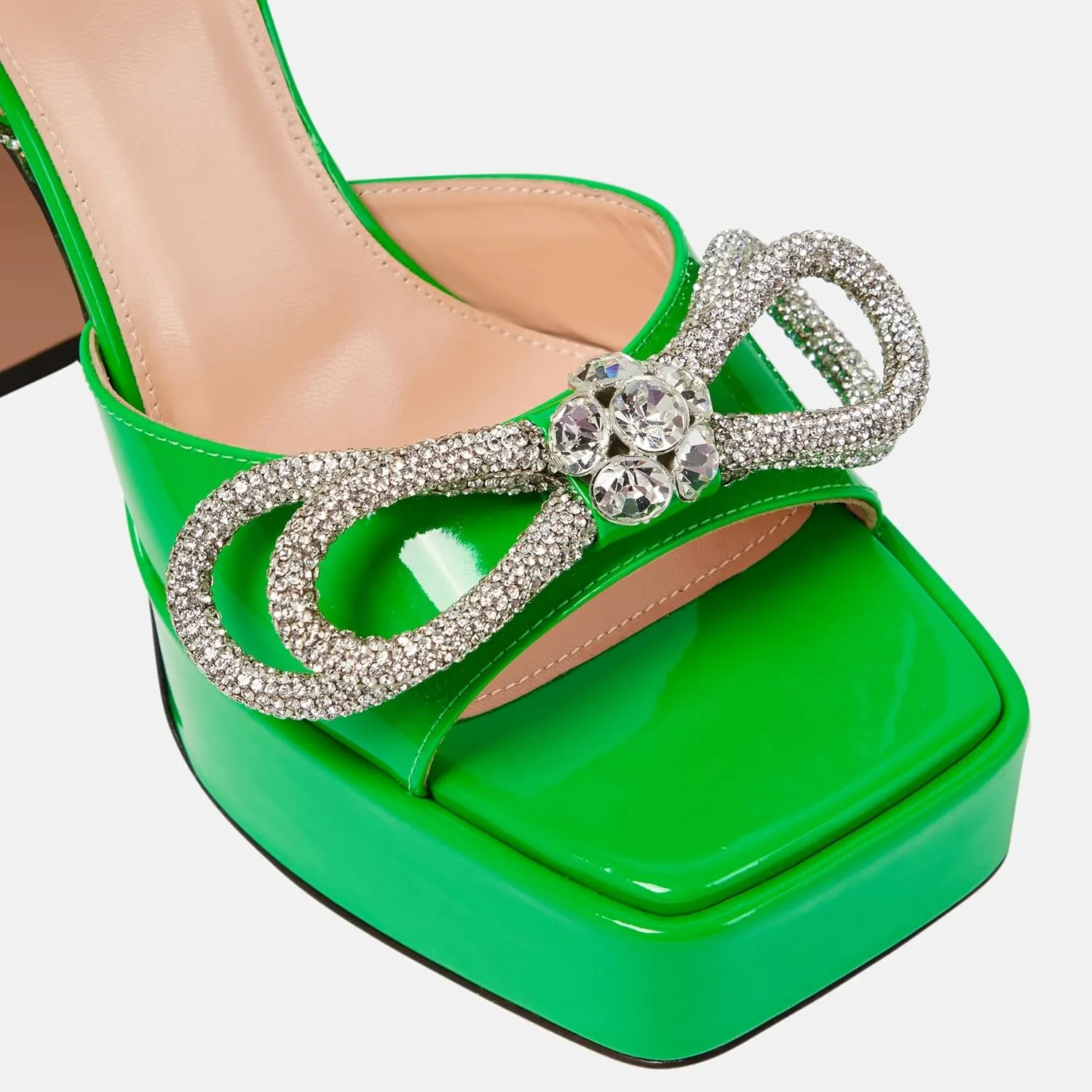 Women Platform Pumps Rhinestone Double Bow Chunky Heeled Sandals Crystal Embellished Ankle Strap Buckle Shoes Satin Pointed Toe Pumps Tapered Block Heel Dress Shoes for Women