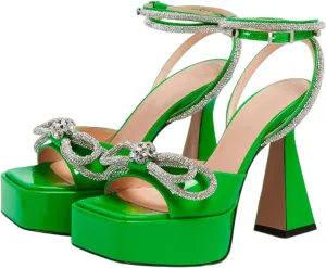 Women Platform Pumps Rhinestone Double Bow Chunky Heeled Sandals Crystal Embellished Ankle Strap Buckle Shoes Satin Pointed Toe Pumps Tapered Block Heel Dress Shoes for Women