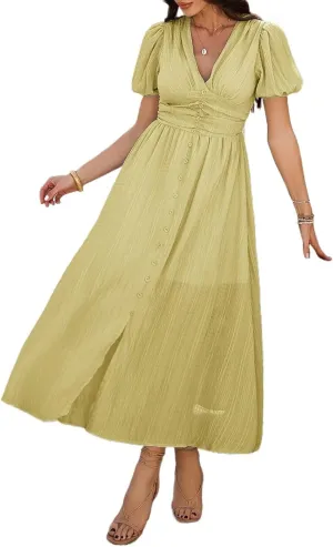 Women Summer Casual Midi Dress Puff Sleeve V Neck Ruched Button Front Split Boho Beach Vacation Wedding Dresses 2025