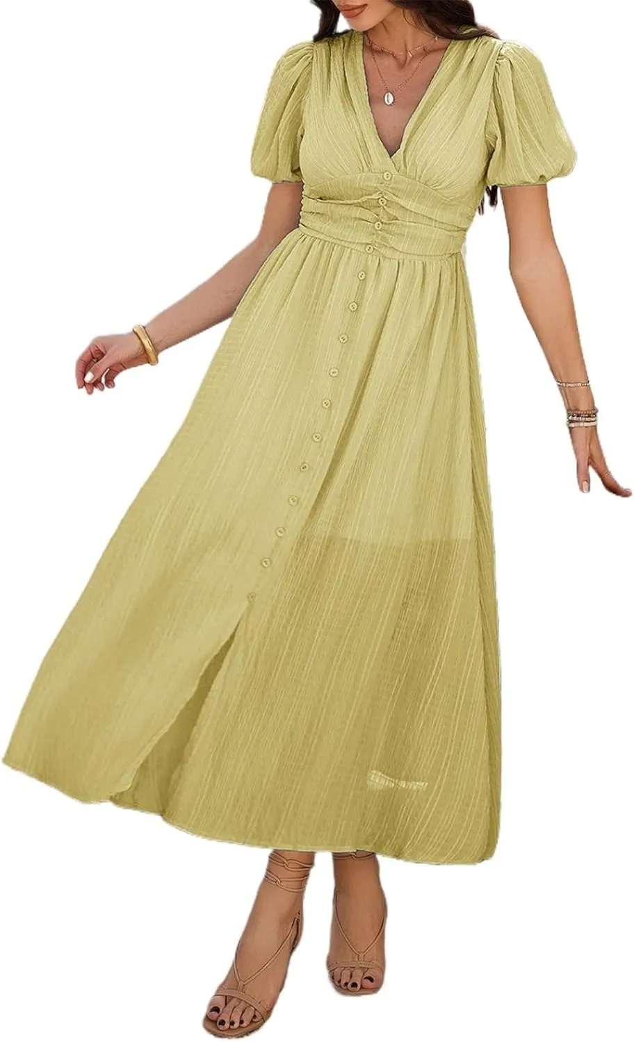 Women Summer Casual Midi Dress Puff Sleeve V Neck Ruched Button Front Split Boho Beach Vacation Wedding Dresses 2025