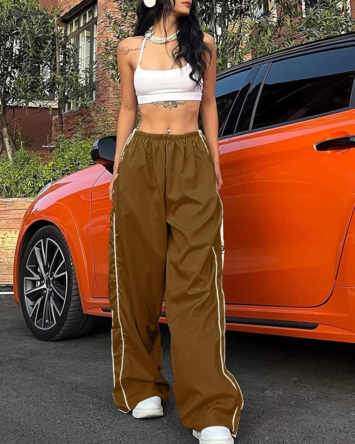Women Y2K Baggy Track Pants Elastic Waist Wide Leg Parachute Jogger Sweatpants