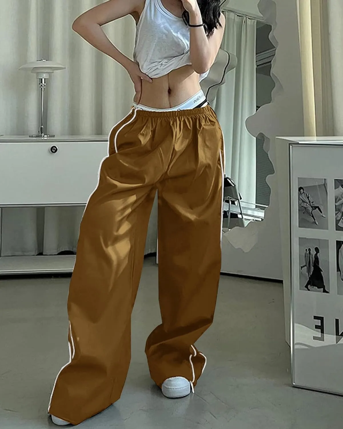 Women Y2K Baggy Track Pants Elastic Waist Wide Leg Parachute Jogger Sweatpants