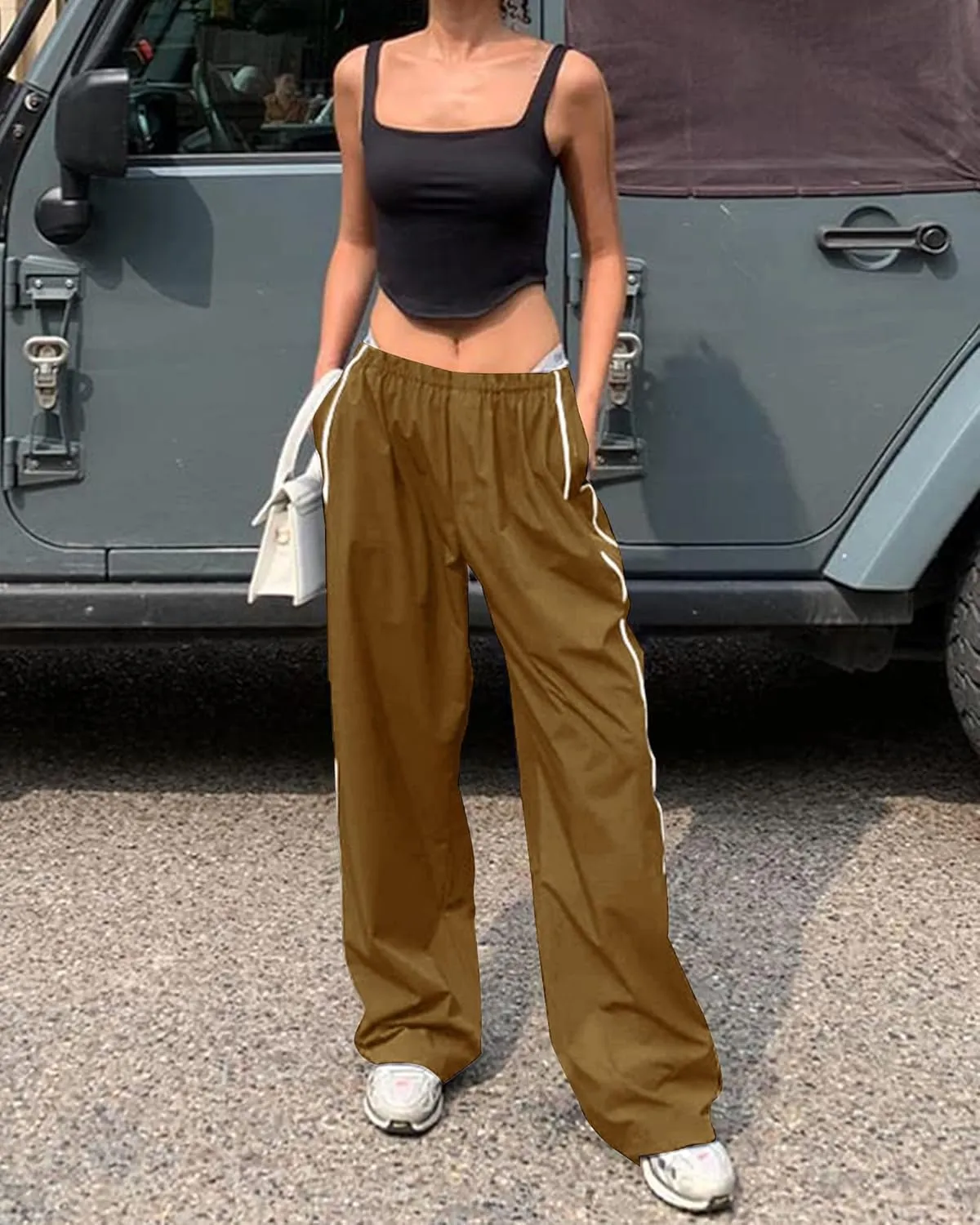 Women Y2K Baggy Track Pants Elastic Waist Wide Leg Parachute Jogger Sweatpants