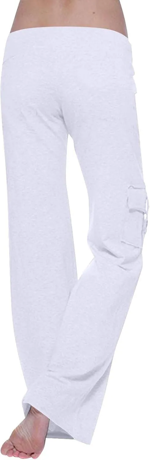 Women Yoga Pants High Waist Cargo Wide Leg Pants Stretch Tummy Control Butt Lifting Pant Drawstring Straight Leg Trouser