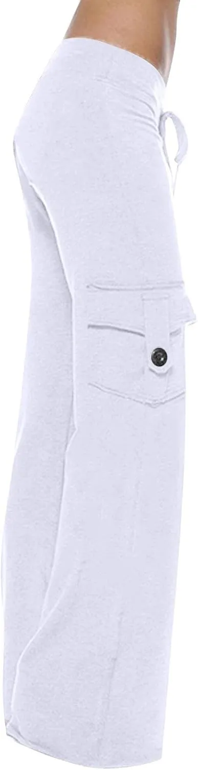 Women Yoga Pants High Waist Cargo Wide Leg Pants Stretch Tummy Control Butt Lifting Pant Drawstring Straight Leg Trouser