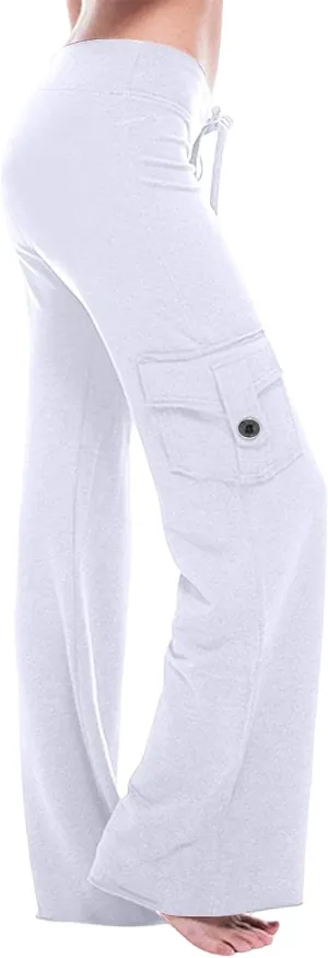 Women Yoga Pants High Waist Cargo Wide Leg Pants Stretch Tummy Control Butt Lifting Pant Drawstring Straight Leg Trouser