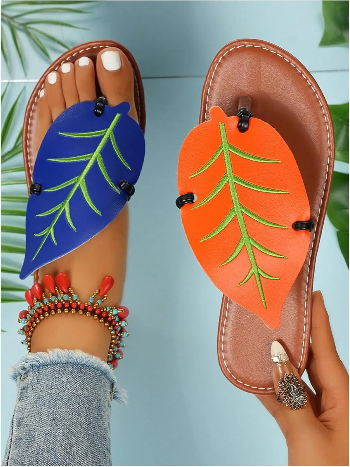 Women's Boho Leaf Appliques Thong Sandals Open Toe Outdoor Flip Flops Casual Slippers