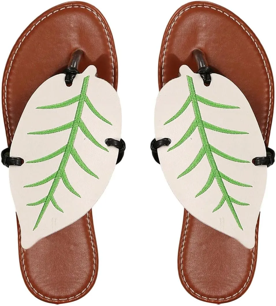 Women's Boho Leaf Appliques Thong Sandals Open Toe Outdoor Flip Flops Casual Slippers