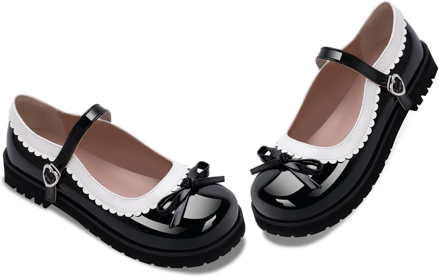 Women's Bow Patent Leather Platform Mary Janes Ankle Strap Closed Toe Kawaii Goth Uniform Flats