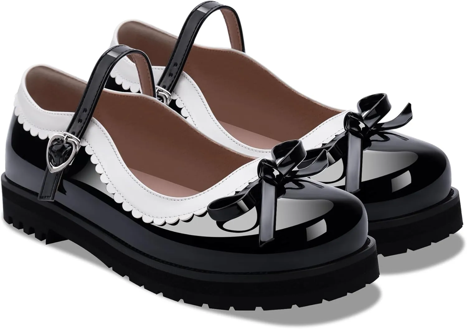 Women's Bow Patent Leather Platform Mary Janes Ankle Strap Closed Toe Kawaii Goth Uniform Flats