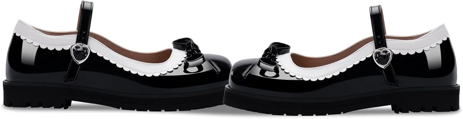 Women's Bow Patent Leather Platform Mary Janes Ankle Strap Closed Toe Kawaii Goth Uniform Flats