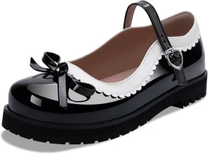 Women's Bow Patent Leather Platform Mary Janes Ankle Strap Closed Toe Kawaii Goth Uniform Flats