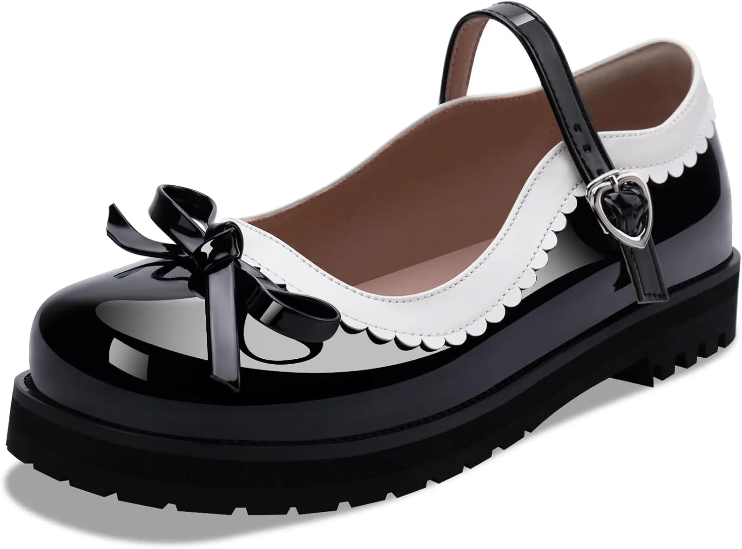 Women's Bow Patent Leather Platform Mary Janes Ankle Strap Closed Toe Kawaii Goth Uniform Flats