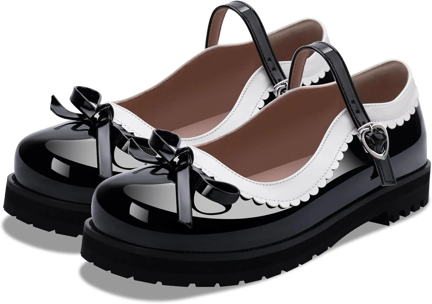 Women's Bow Patent Leather Platform Mary Janes Ankle Strap Closed Toe Kawaii Goth Uniform Flats