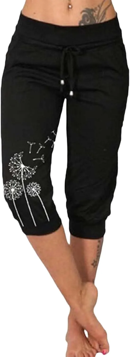 Womens Capri Leggings Athletic Workout Pants Fashion Floral Print Pants Comfy Drawstring Elastic Waist Pant with Pocket
