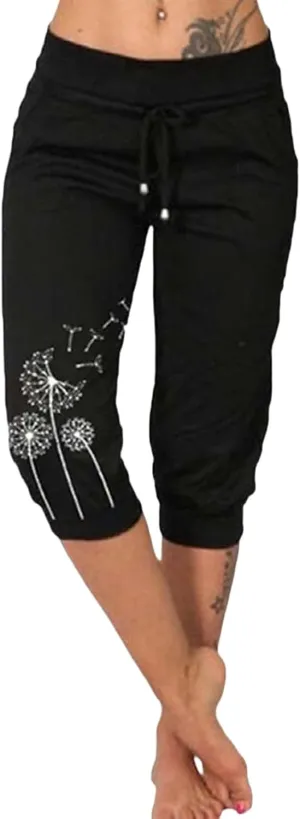 Womens Capri Leggings Athletic Workout Pants Fashion Floral Print Pants Comfy Drawstring Elastic Waist Pant with Pocket