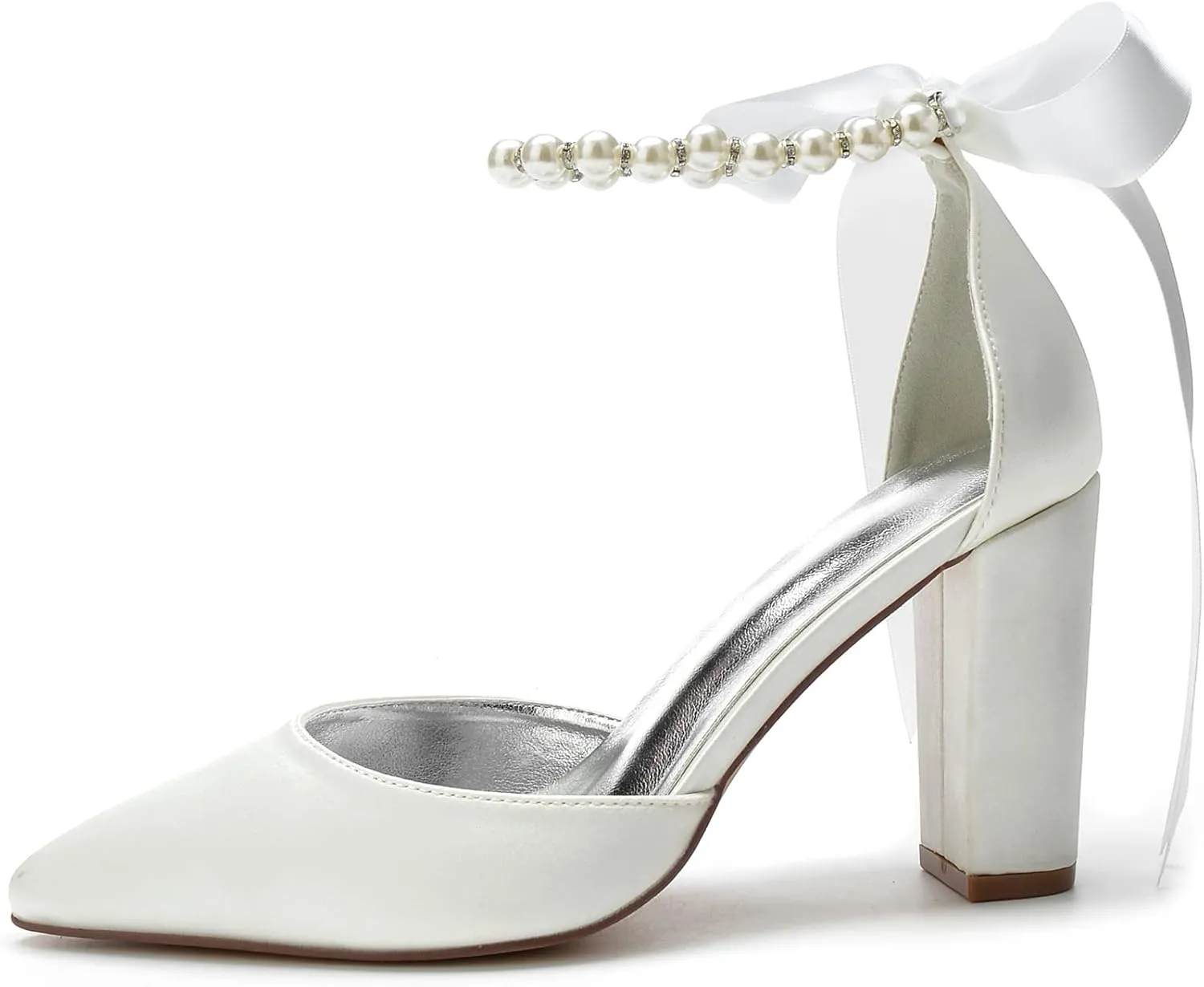 Women's Closed Pointed Toe High Chunky Heels Pumps with Pearls Block Heel Bridal Business Dressy Shoes