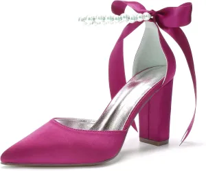 Women's Closed Pointed Toe High Chunky Heels Pumps with Pearls Block Heel Bridal Business Dressy Shoes