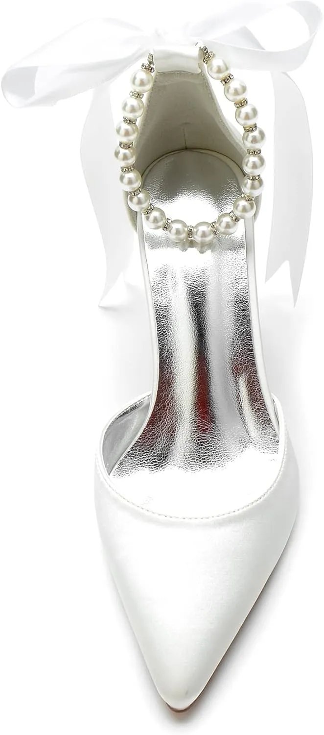 Women's Closed Pointed Toe High Chunky Heels Pumps with Pearls Block Heel Bridal Business Dressy Shoes