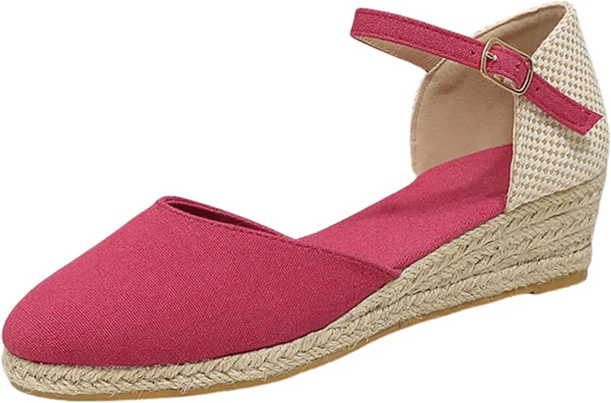 Womens Closed Toe Platform Sandals Canvas Ankle Strap Espadrilles Wedge Sandals Dressy Platform Wedge Sandals Casual Shoes
