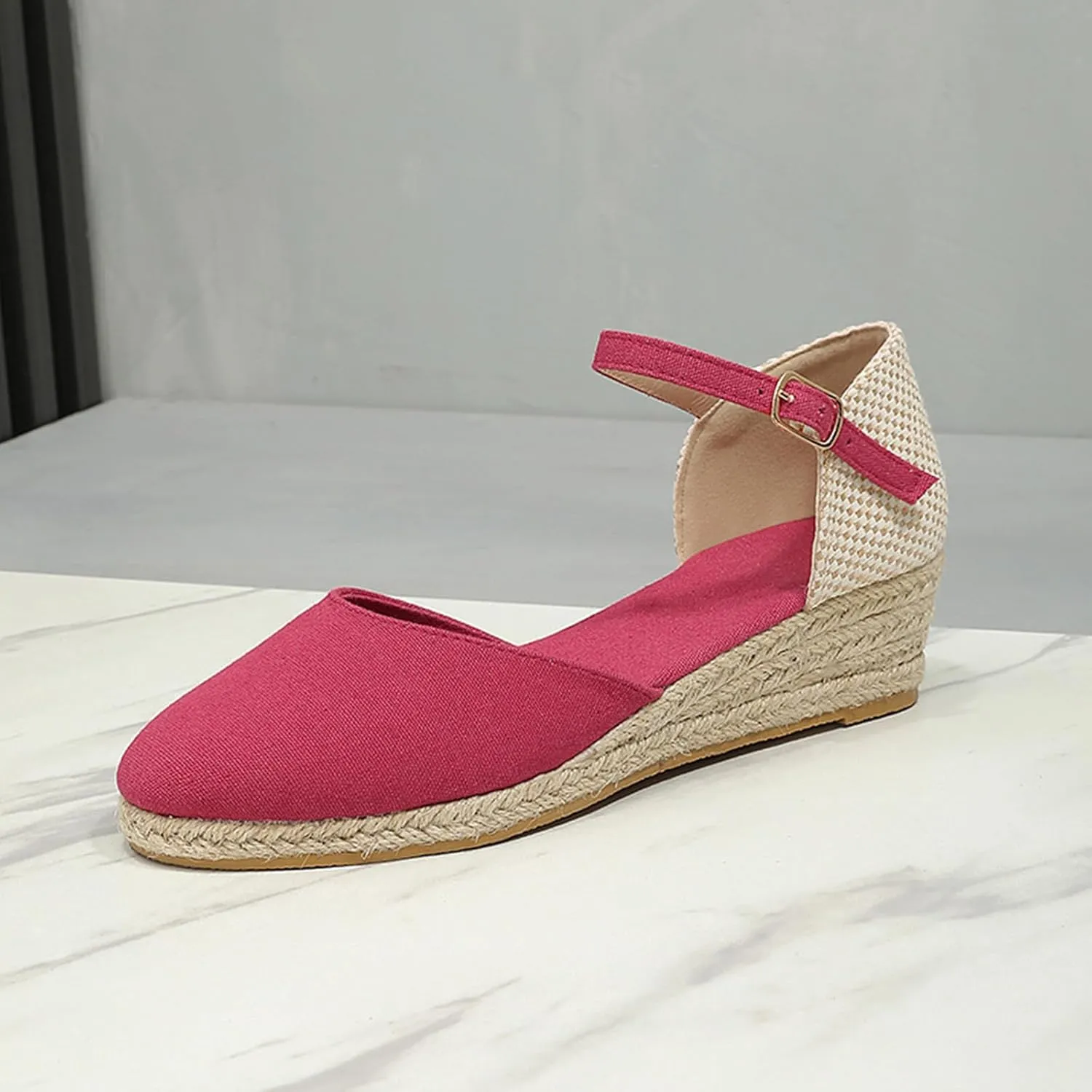 Womens Closed Toe Platform Sandals Canvas Ankle Strap Espadrilles Wedge Sandals Dressy Platform Wedge Sandals Casual Shoes