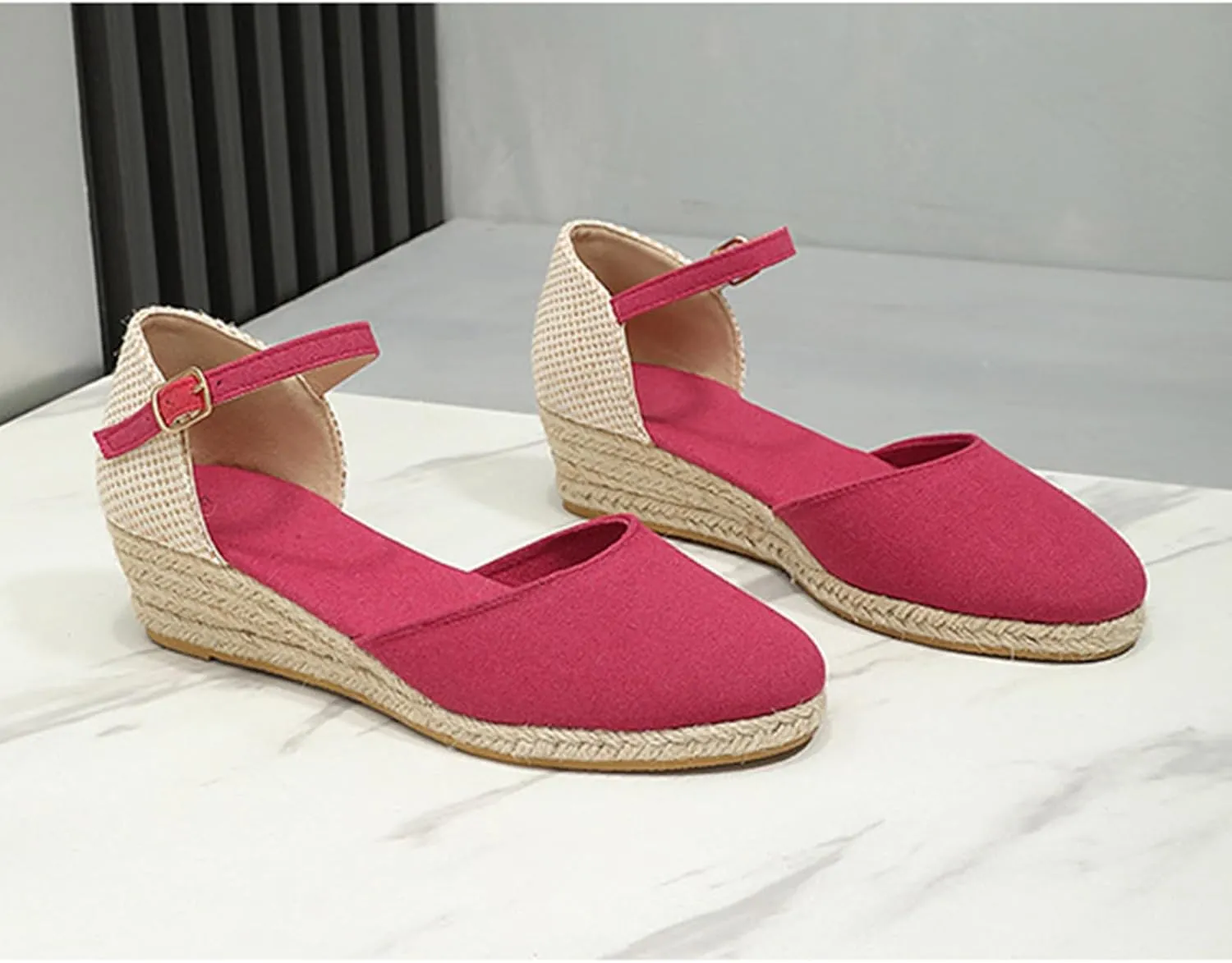 Womens Closed Toe Platform Sandals Canvas Ankle Strap Espadrilles Wedge Sandals Dressy Platform Wedge Sandals Casual Shoes
