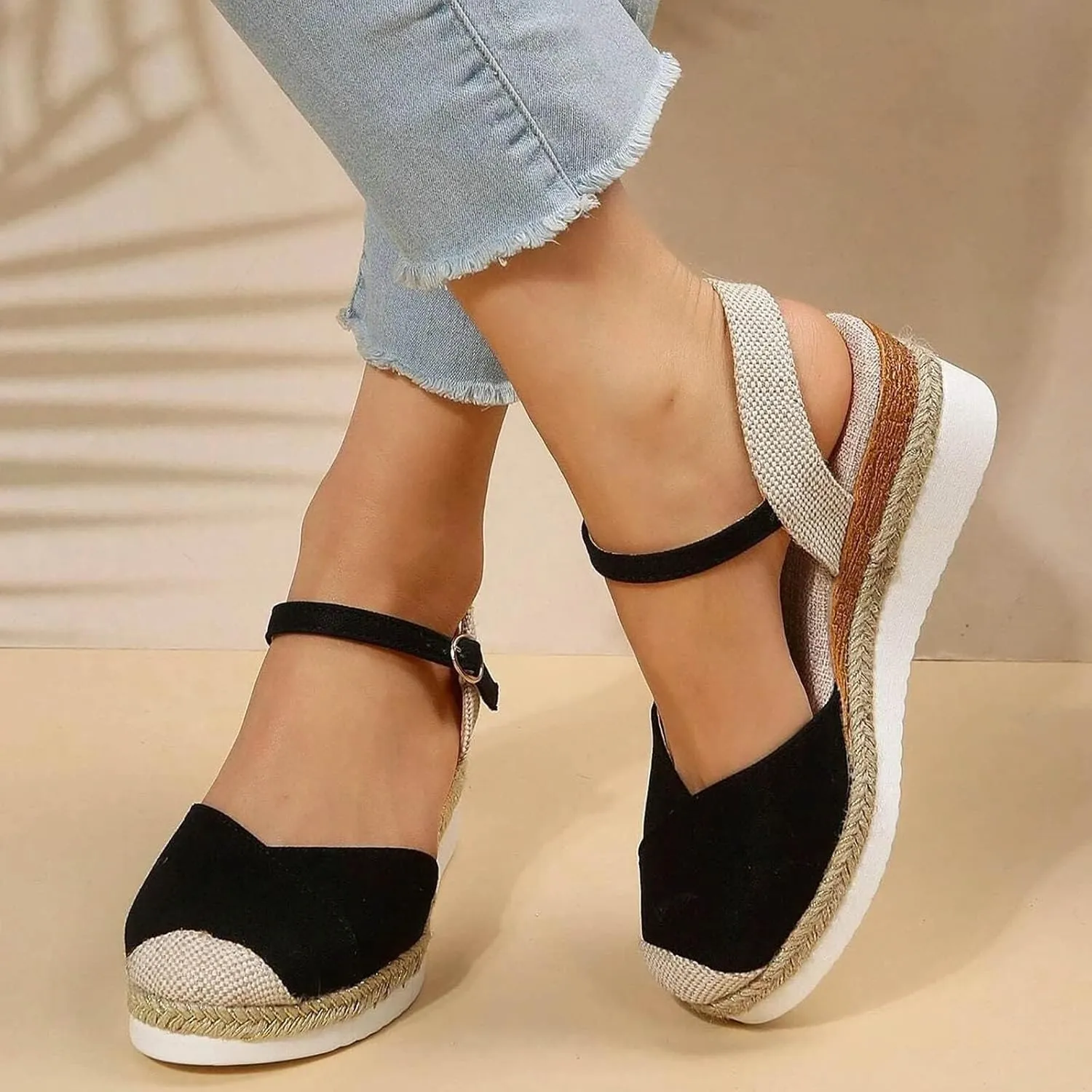 Women's Closed Toe Sandals Platform Wedge Sandal Buckle Ankle Strap Casual Dressy Espadrilles Sandals Comfortable Anti Slip Beach Comfortable Outdoor Shoes