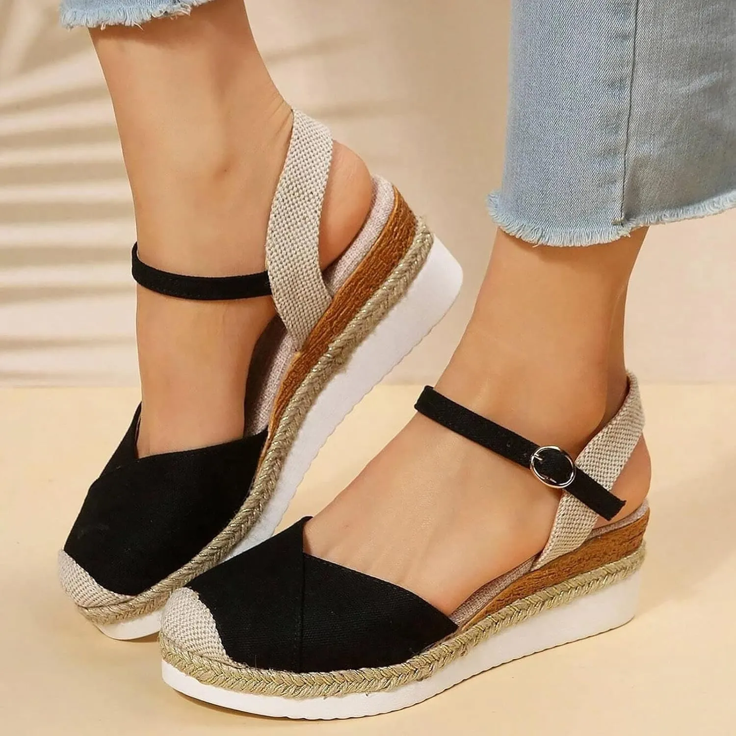 Women's Closed Toe Sandals Platform Wedge Sandal Buckle Ankle Strap Casual Dressy Espadrilles Sandals Comfortable Anti Slip Beach Comfortable Outdoor Shoes