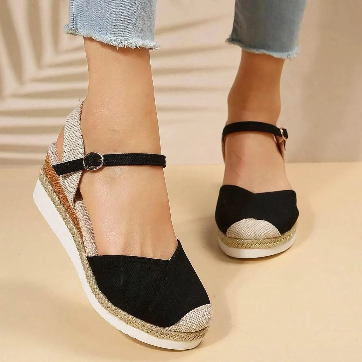 Women's Closed Toe Sandals Platform Wedge Sandal Buckle Ankle Strap Casual Dressy Espadrilles Sandals Comfortable Anti Slip Beach Comfortable Outdoor Shoes