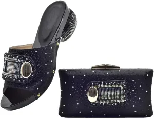 Women's Comfort Platform Sandal & Bag Set - Italian Handmade Rhinestone Strappy Heels with Wide-Block Heel & Matching Tote